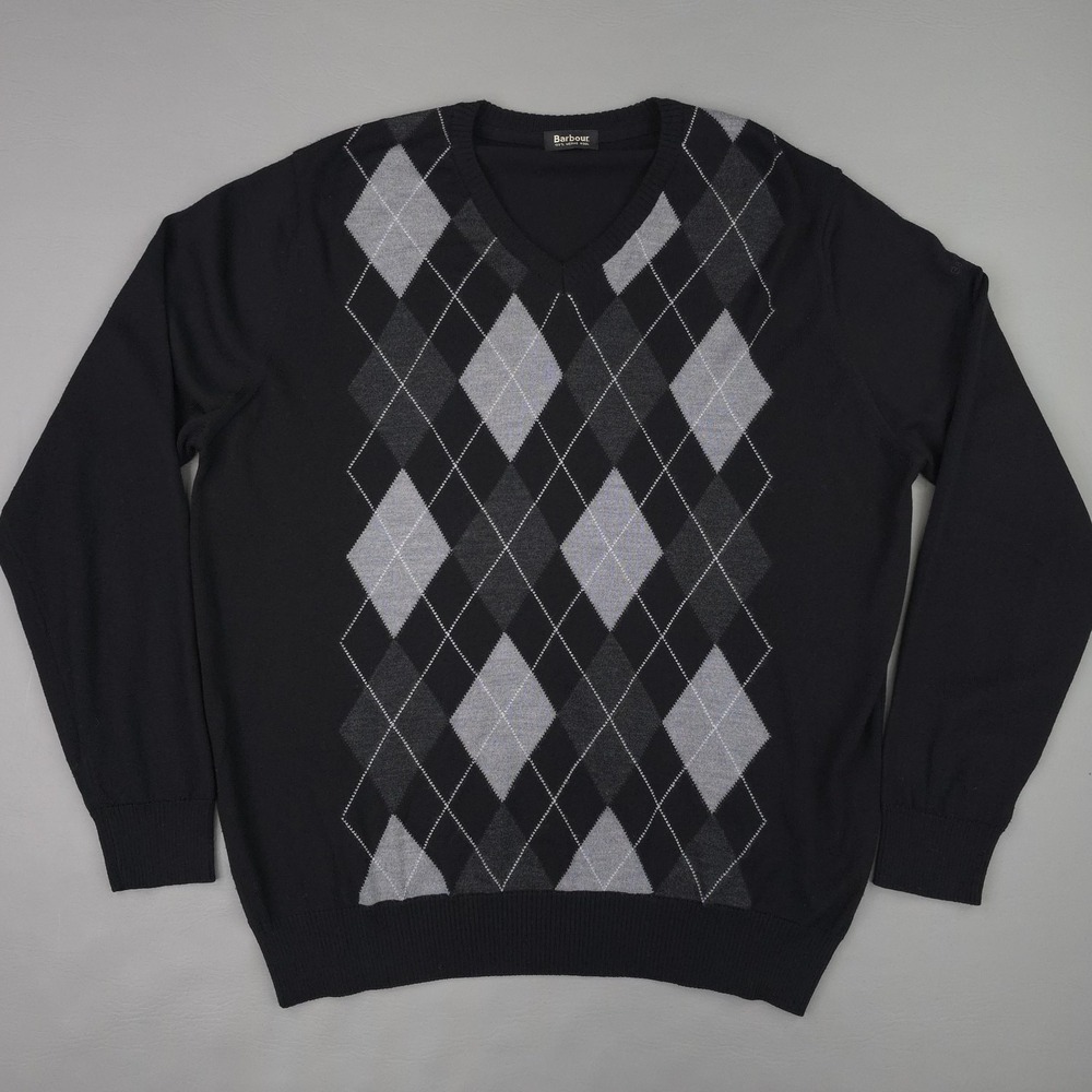 Barbour Sweater Mens 2XL Black Argyle 100% Merino Wool V Neck Knit Pullover